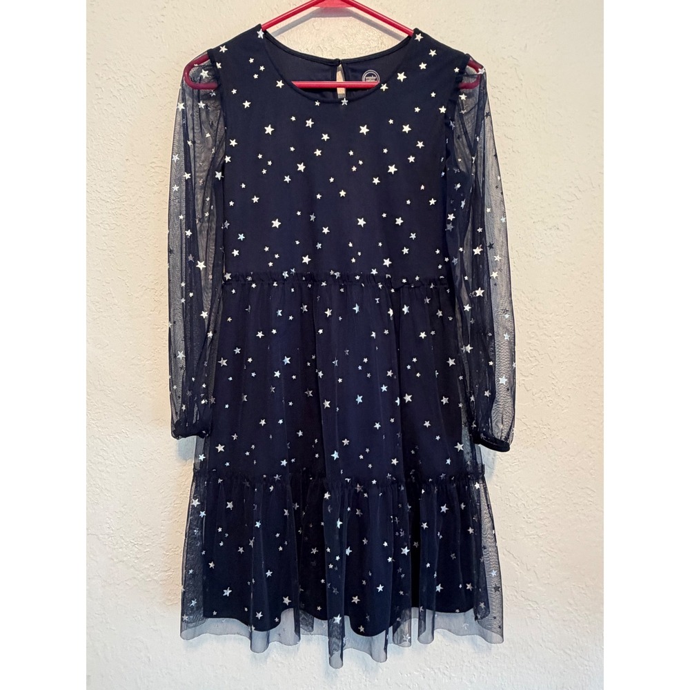 Wonder Nation Girls Navy Blue Silver Foil Star Mesh Tiered Dress XL 14-16